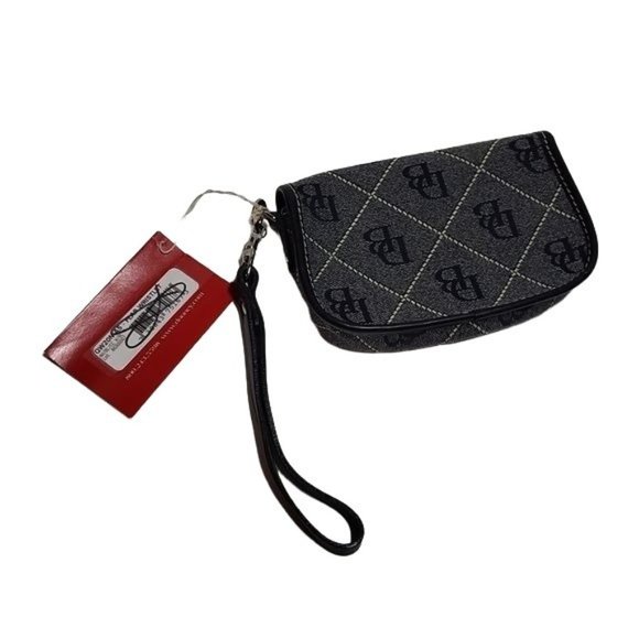 Dooney & Bourke Flap Wristlet Signature Fabric 7 Leather Black Grey Silver NWT - Picture 3 of 14
